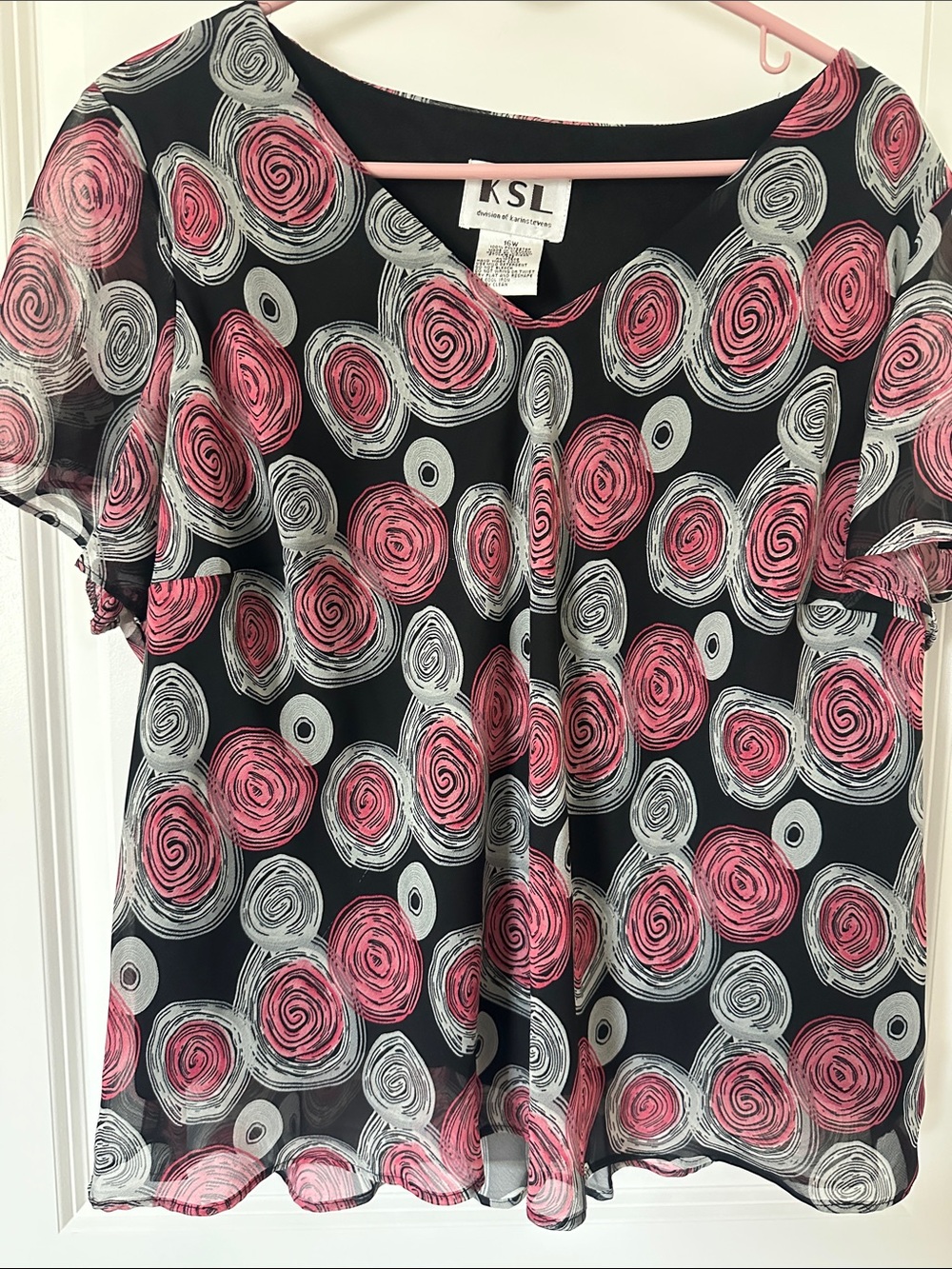 KSL Black Blouse with Pink and Gray Swirl Print